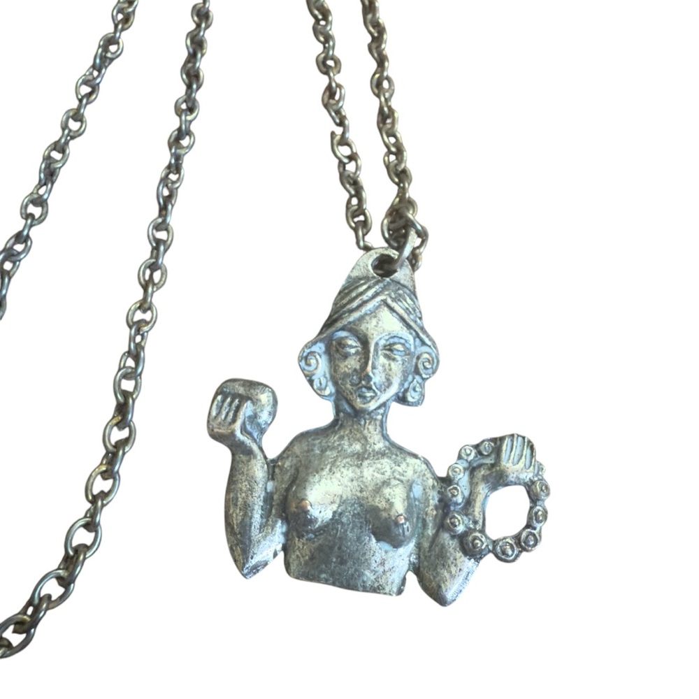 1970’s Boho‎ Estate Silver African Goddess Pendant Necklace, 14.75” Long